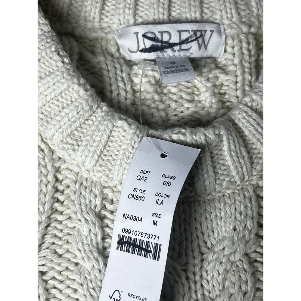 J Crew Cable Knit Crewneck Sweater Womens Medium Ivory Classic Preppy Cotton